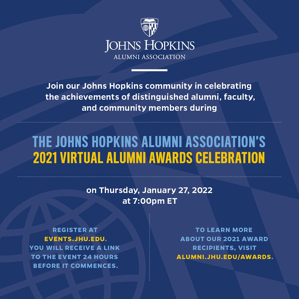 Formal invitation to the Johns Hopkins Alumni Association Awards Celebration, which includes the date and time of the event and a hyperlink to the registration page.