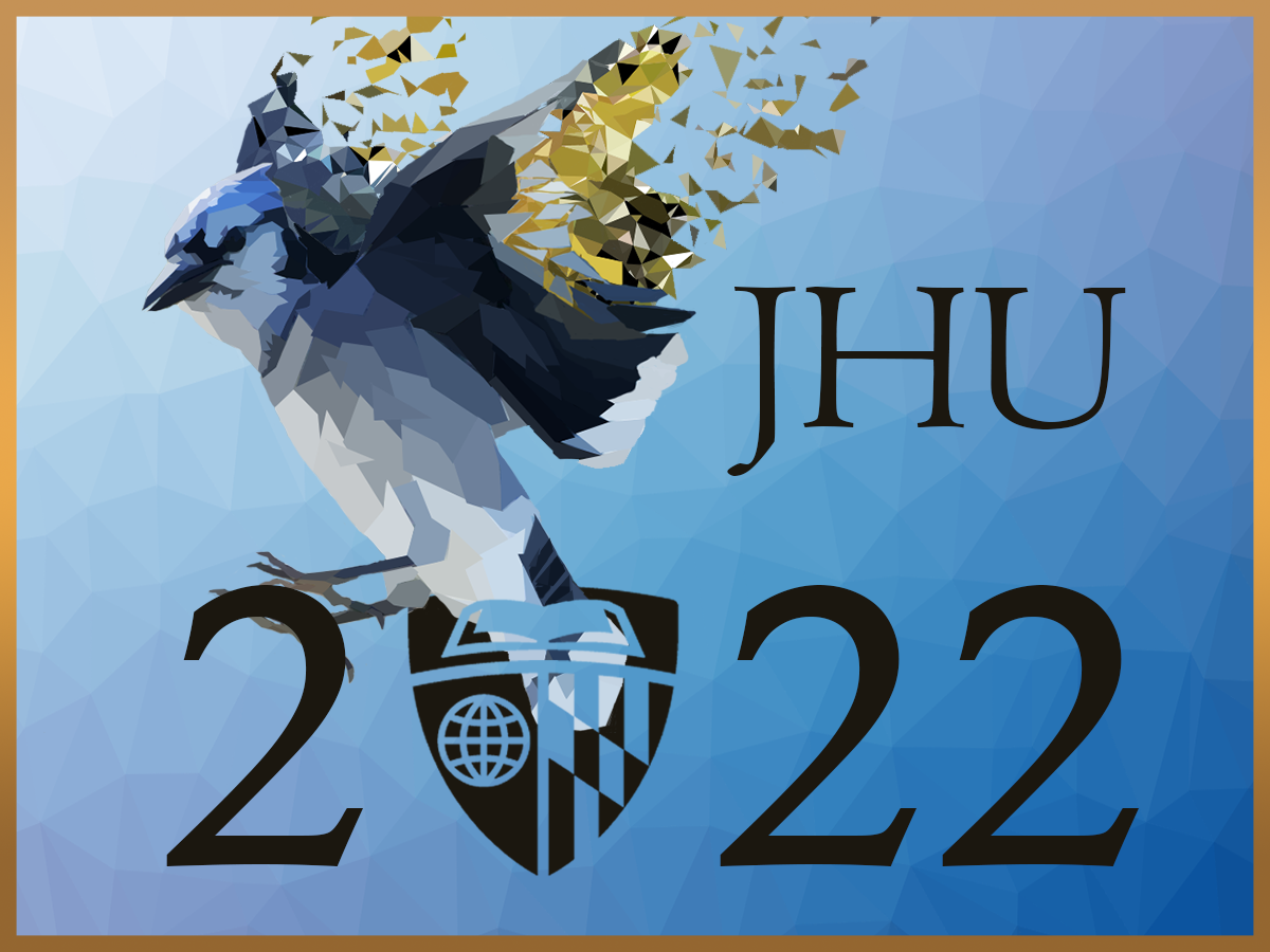 Class of 2022 banner, a blue jay with wings spread in flight, with the wings ending in small little pixelated squares. The blue jay is landing on the number 2022. Various shades of blues, white, and gold to represent the Hopkins colors.